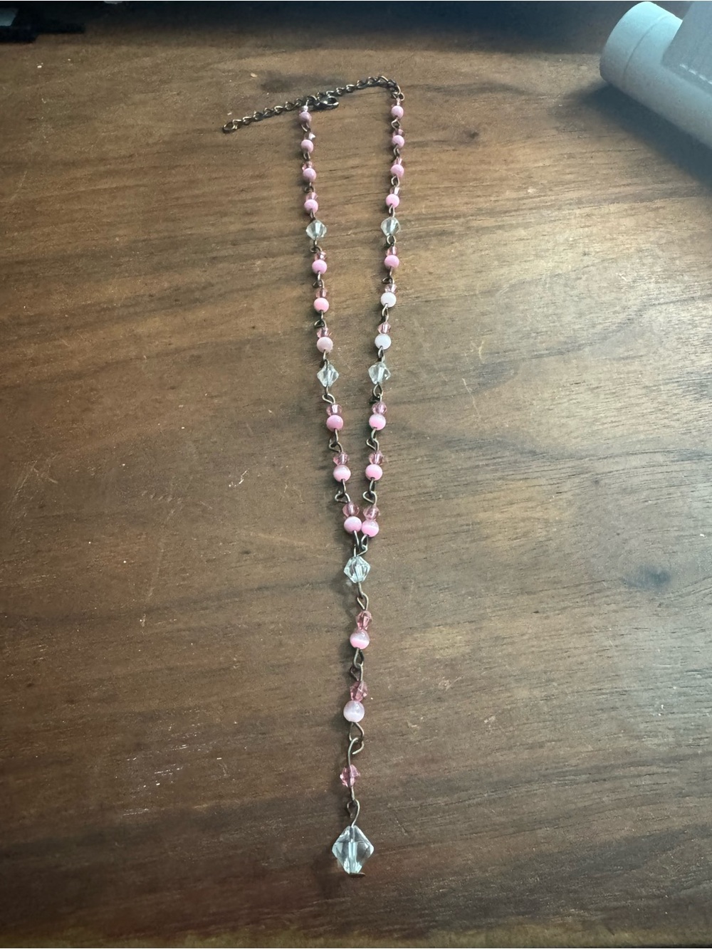 Rosary Loop Silvertoned Pink Cats Eye/Crystal Beaded Lariat Y Necklace